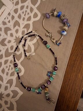 Handcrafted Purple & Green Bead Necklace and Bracelet Set